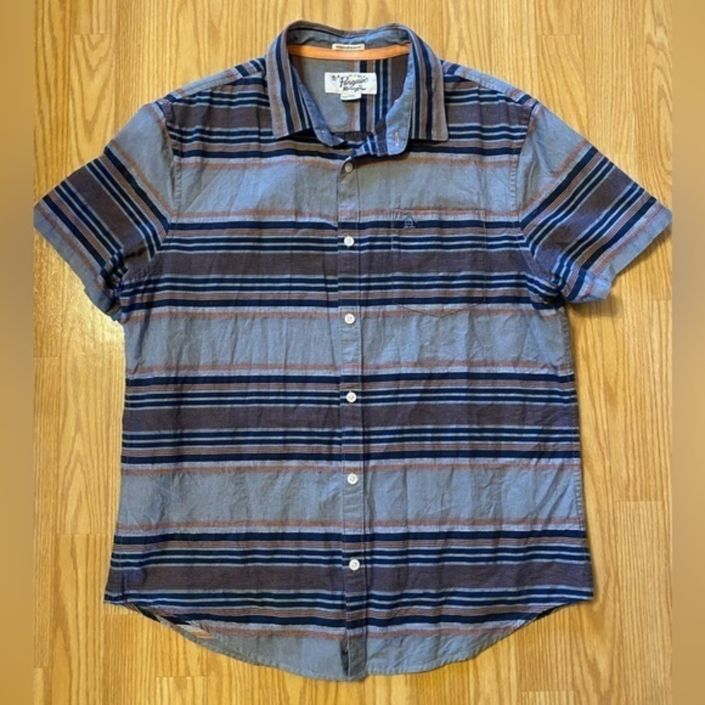 Original Penguin Blue and Brown Striped Short Sleeve Button-Down Shirt